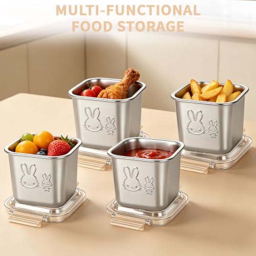 Stainless Steel Lunch Box Set with Handle Lids - 4 Pack, Leakproof, 850ml, Reusable Food Containers with Rabbit Print