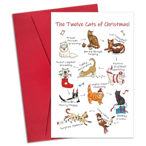 Ogeby Twelve Cats Christmas Card with Envelopes, Funny Holiday Gift for Cat Lovers, Multi-Color
