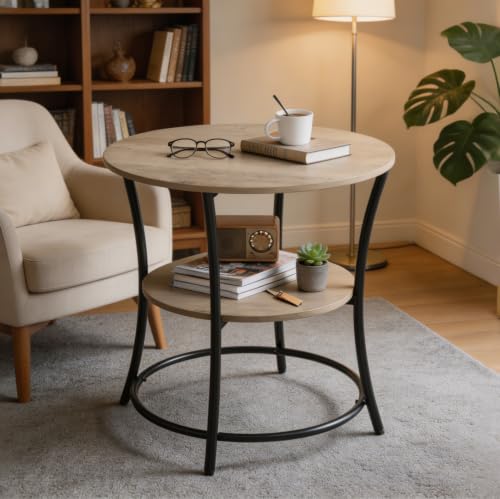 WLIVE Light Grey 2-Tier Round End Table Steel Frame Small Space Living Room Nightstand