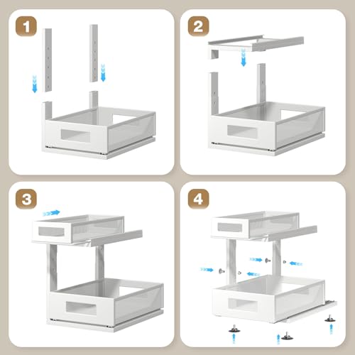 Corbyles 2 Pack Under Sink Organizer White 15.74"D x 14.4-16.4"H Adjustable 2-Tier Pull-Out Cabinet Storage