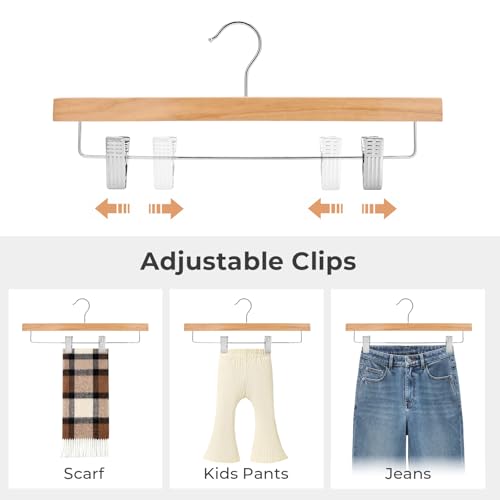 Wooden Pants Hangers with Clips - Natural Finish, Pack of 25 - Strong Clamping Skirt Hangers