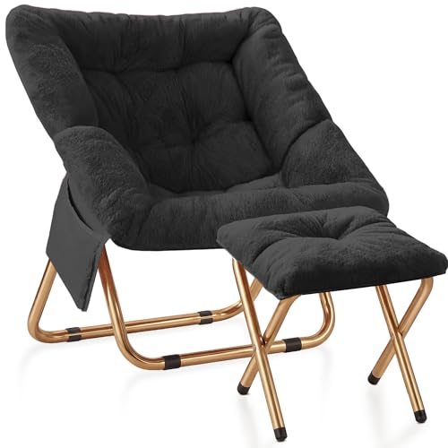 Kasunpul Black Foldable Faux Fur Lounge Chair - Oversized Comfy Seat for Bedroom & Living Room