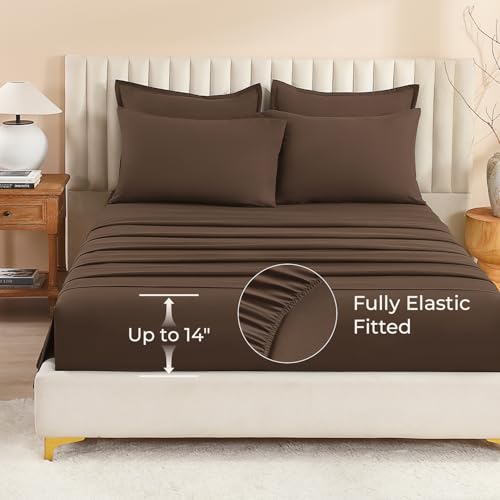 Litanika Brown King Comforter Set with Sheets - 7 Pieces, Solid Bed in a Bag, 104x90 Inches