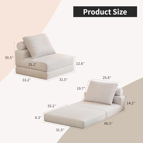 Lumbershed White 3-in-1 Folding Sofa Bed with Pillows — Single, Space-Saving Convertible Couch for Living Room & Bedroom
