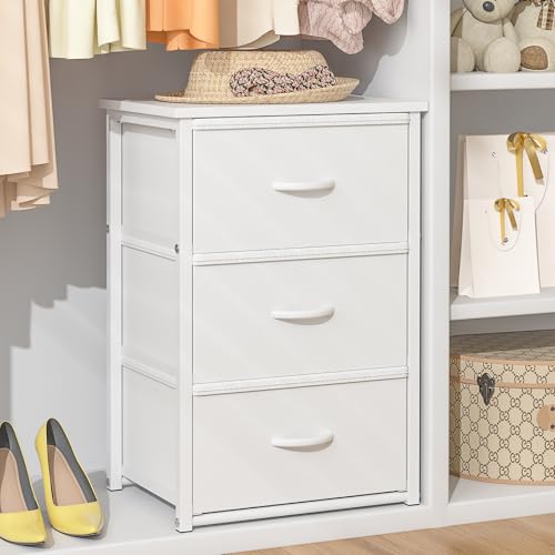 DAOUTIME Stackable Closet Storage Drawers - 3 White Fabric Drawers with Wooden Top & Metal Frame - Space Saving Organizer for Bedroom & Living Room - Variation 1