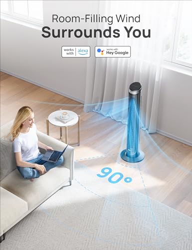 DREO Silver Smart Tower Fan 28dB, 90° Oscillating, 11.42x11.42x40in