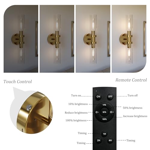 Rayogale 16.5 Inch Gold Battery-Operated Wall Sconces with Clear Lampshades, 2 Pack