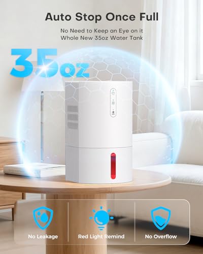 Small Dehumidifier with 35oz Tank - Quiet 25dB for Bedroom, Bathroom, Closet - Erizolt