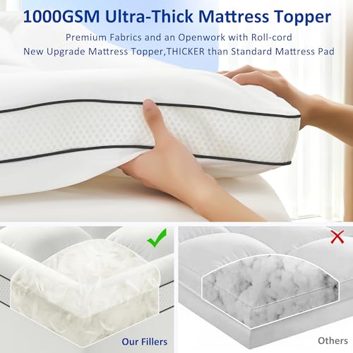SurChic Queen Mattress Topper - Extra Thick 4 Inch Pillow Top Cooling Bed Pad with Deep Pocket Fit for 8-21 Inch Mattresses - White, Variation: Thick White / Queen