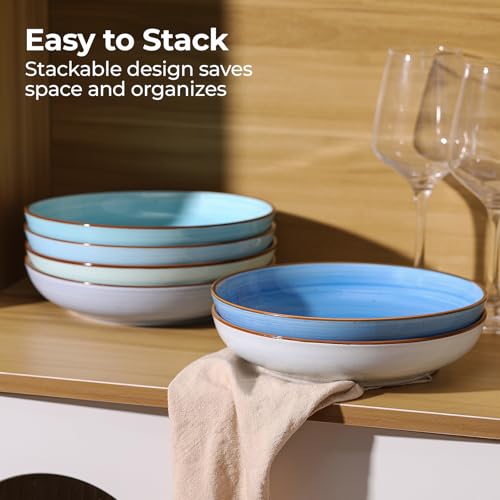 8.5 Inch Pasta Bowls Set of 6 - Gradient Blue Ceramic Salad & Soup Bowls