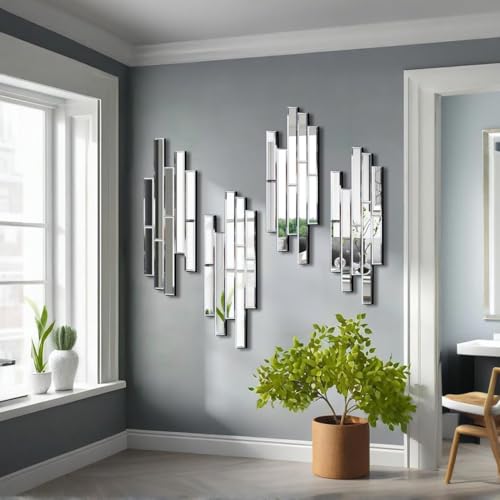 VOHJD Silver 4 Pack Wall Decor Mirrors - 24x8 Inch Beveled Modern & Farmhouse Design