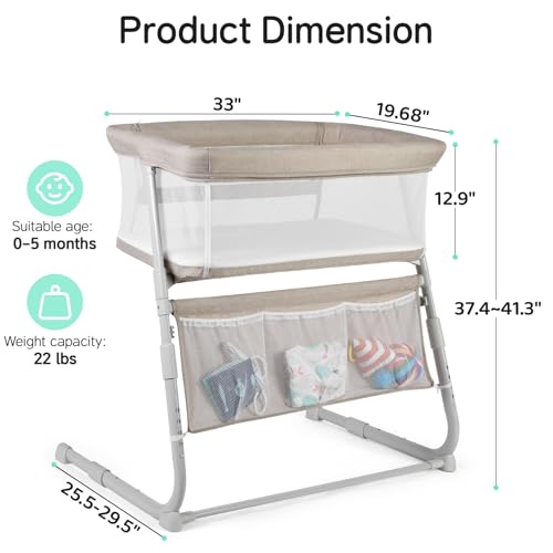 Baby Bassinet Bedside Sleeper with 5-Position Height Adjustment - All-Mesh Wall, Space-Saving Crib - Beige (Variation of THIS listing)