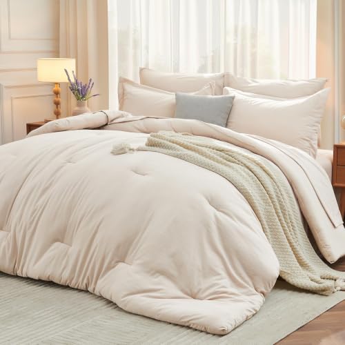 Full Comforter Set 7 Pieces - Beige / 82x86 Bed in a Bag, Soft Breathable Microfiber