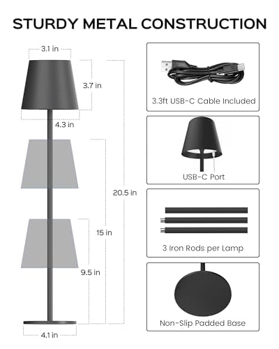 JACKYLED 2 Pack Cordless Rechargeable Table Lamps with 3 Height Settings, 3 Light Colors, Dimmable, Black Base