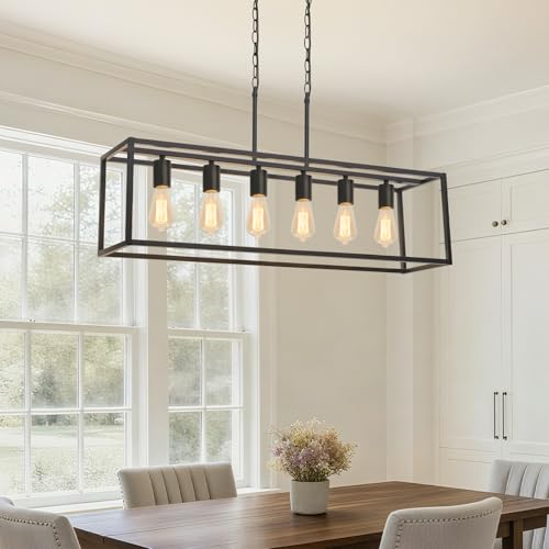 Boncoo Black Farmhouse 6-Light Linear Pendant Chandelier for Kitchen & Dining Room