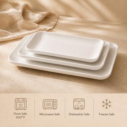 White Porcelain Serving Platter Set of 3 - 12/14/16 Inch Rectangular Trays for Entertaining