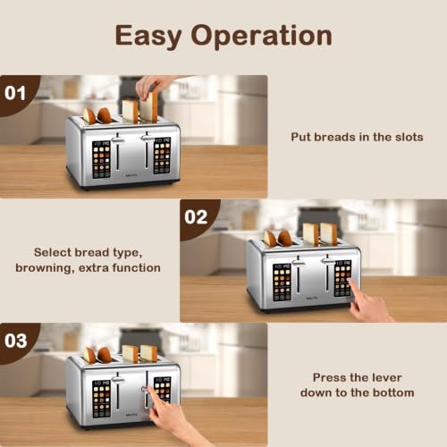 Mecity 4-Slice Stainless Steel Touch Screen Toaster with Dual Control, 6 Browning Levels