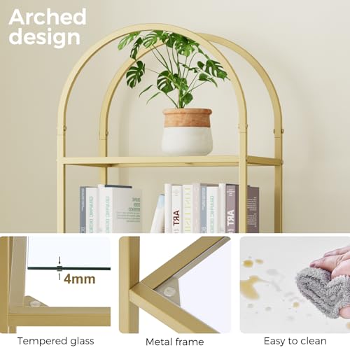 Gold 5-Tier Tall Bookshelf with Glass Shelves - Arched Bookcase, 11.8 x 13.8 x 57.1 inches