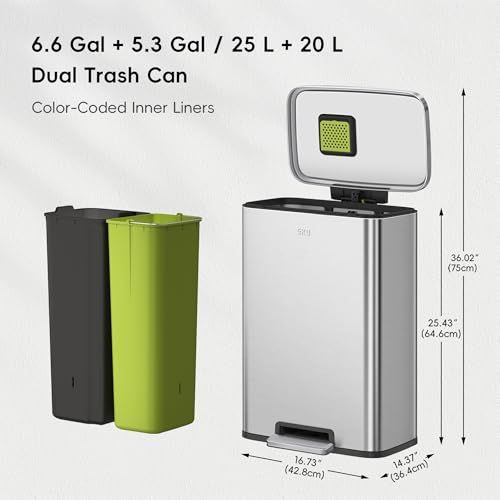 Dual Compartment Stainless Steel Trash Can with Soft-Close Lid - 25L+20L, Fingerprint-Resistant