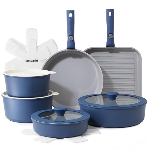 Navy 17-Piece Ceramic Non-Stick Cookware Set with Removable Handles