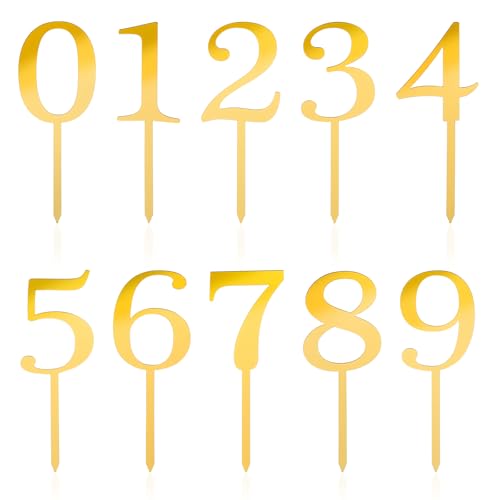 0-9 Numbers Cake Topper, Ymapinc 10 Pcs Acrylic Cake Topper Numbers for Gold Happy Birthday Christmas Wedding Party Anniversary DIY Supplies Set