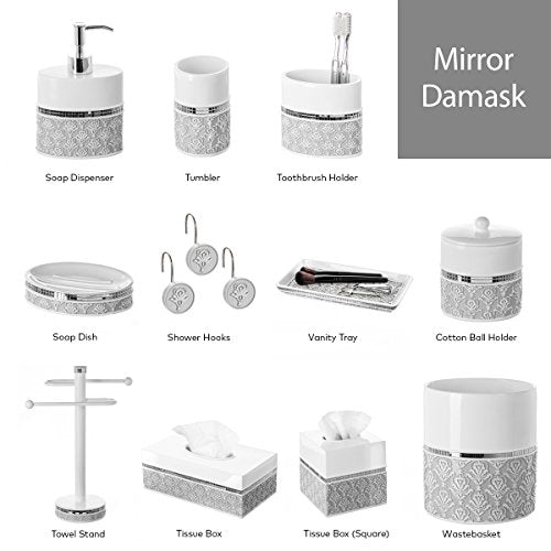 Resin Bathroom Accessories Set with Mirror Damask Design - 6 Pieces