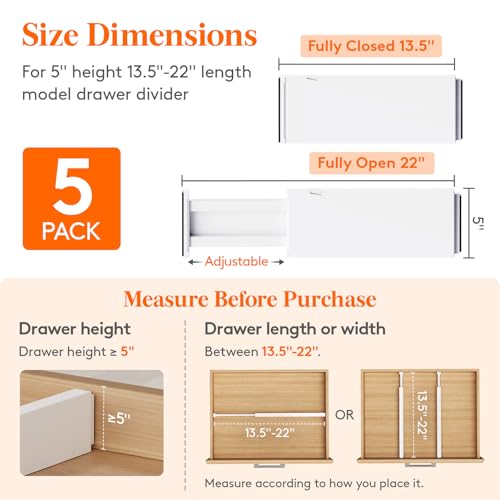 Adjustable Drawer Dividers 5 Inch Tall, Expandable & Non-Slip, Fits 13.5-22 Inches Deep Drawers — Variation of 5/5"H, 13.5-22"L