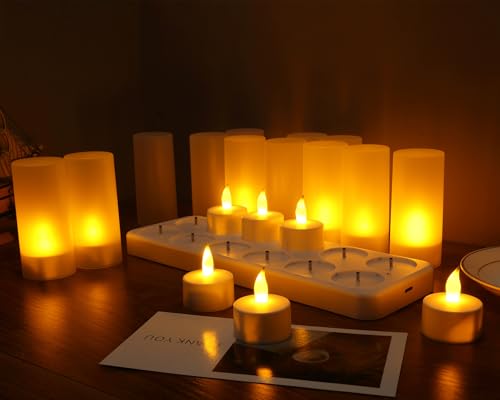 Rechargeable Flickering LED Tea Lights - 12 Pack Flameless Candles for Home & Wedding Decor