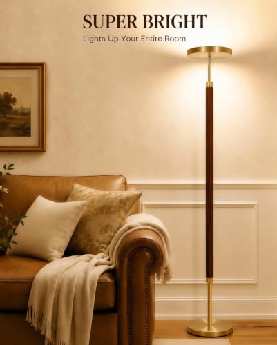 Walnut Wood & Brushed Brass LED Torchiere Floor Lamp with Remote Dimmable 3000LM
