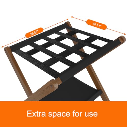 Heybly Walnut Folding Luggage Rack with Storage Shelf - Hotel Style Suitcase Stand