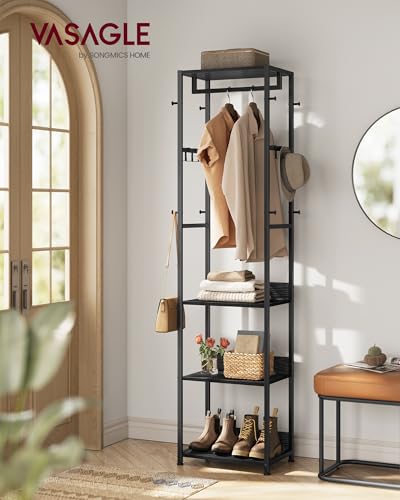 VASAGLE Freestanding Coat Rack Industrial Black & Charcoal Gray Hall Tree with Shelves