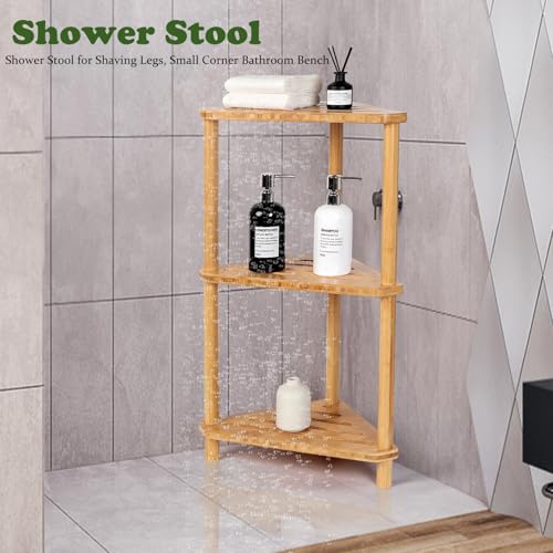 3-Tier Corner Shower Caddy Stand - Bathroom Organizer, Rustic Bamboo