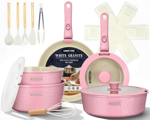 Pink 21-Piece Ceramic Nonstick Cookware Set with Detachable Handles - Space-Saving, Dishwasher & Oven Safe