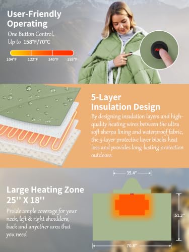 Green Battery-Operated Heated Blanket Hoodie Throw for Outdoors - 70.8"x51.2"