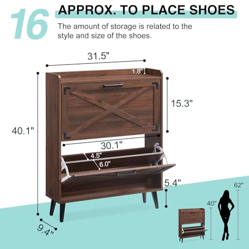 Barnyatoh Walnut Farmhouse Shoe Storage Cabinet with 2 Flip Drawers
