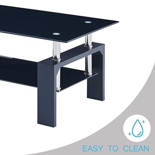 Black Living Room Coffee Table with Wooden Legs and Glass Top - 39.5 x 23.5 x 17.5 in