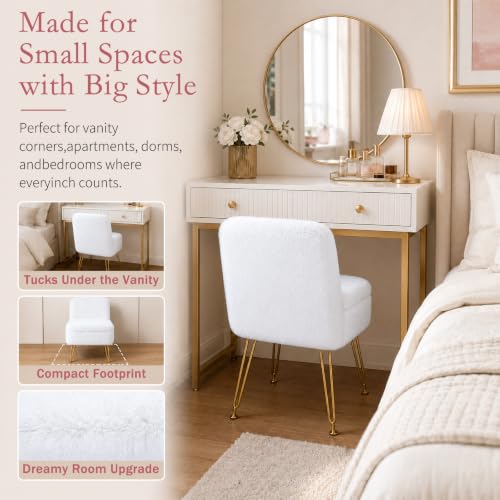 HOZYZO White Faux Fur Vanity Chair with Folding Back, Adult Size Makeup Ottoman