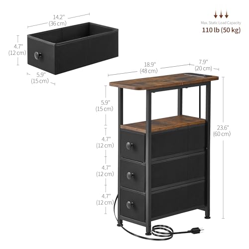 7.9 W x 18.9 D Narrow End Table with Charging Station & LED Light - Rustic Brown