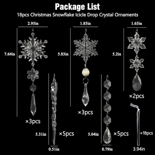18pcs Christmas Tree Decoration Crystal Ornaments - Hanging Acrylic Christmas Snowflake Icicle Drop Crystal Ornaments for Xmas Tree Winter New Year Party Supplies