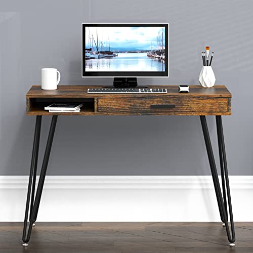 Rustic Brown Hairpin Leg Desk with Drawer - Modern Home Office Table