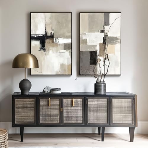 Framed Neutral Abstract Wall Art Set of 2 - 24x36 Inches, Beige Gray Black