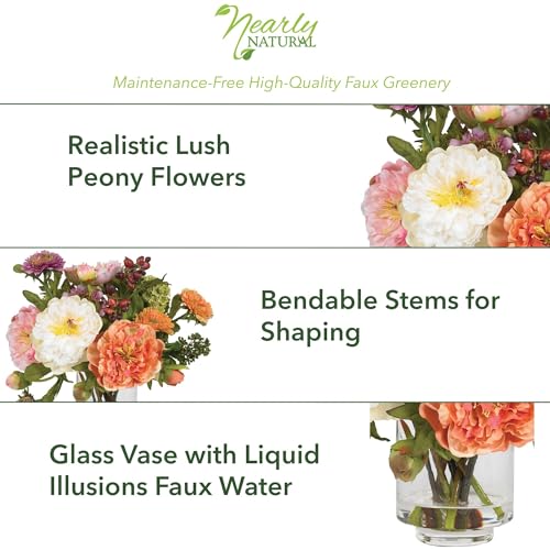 Artificial Peony Arrangement in Glass Vase - 10 Inch Assorted Blooms, Decorative Faux Flower