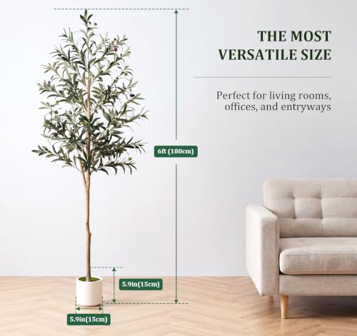 6FT Artificial Olive Tree with Natural Wood Trunk - Indoor Faux Greenery