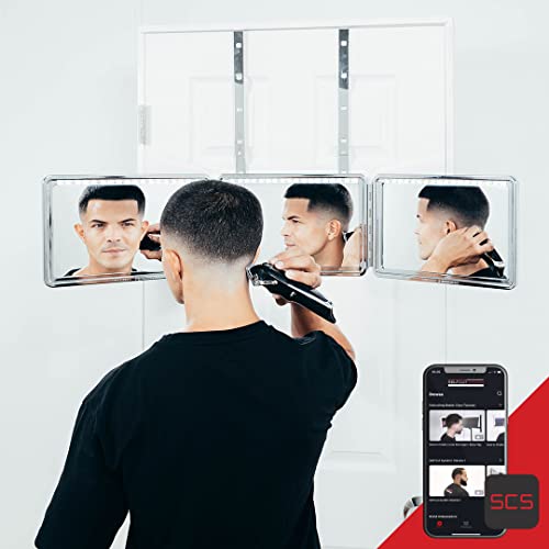 Self-Cut System 3-Way Mirror Heaven Lights - Portable 360-Degree Grooming Mirror with LED Lights, Chrome Glass, Adjustable Hooks, Foldable Design, Black