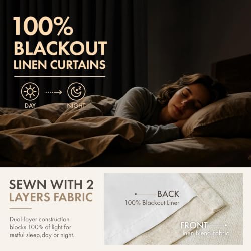 MIULEE Natural Linen Blackout Curtains 40x90 Inches Pack of 4 - Pinch Pleated Dual-Layer Window Drapes