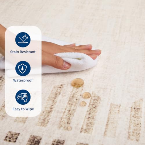 Garvee 5x7 Beige Washable Non-Slip Area Rug with Scalloped Border