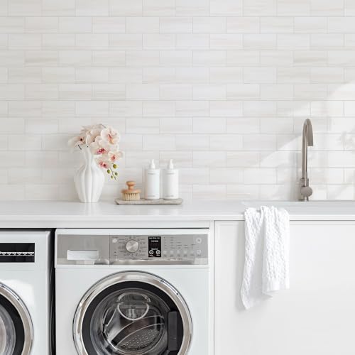 Vamos Tile 100-Piece Glossy Dolomite White Peel and Stick Subway Backsplash Tiles - 3x6 Inches, Easy DIY Kitchen & Bathroom Renovation Variation of 100 / Dolomite White