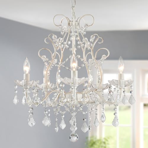 Rustic White 5-Light Crystal Candle Chandelier Pendant Ceiling Light for Bedroom Hallway Kitchen