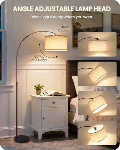 75-Inch Dimmable Arc Floor Lamp with Marble Base, Adjustable Height, Beige, Brown Variation
