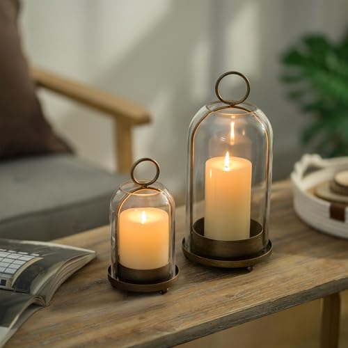 Hurricane Candle Holder Lantern Set of 2 - Rustic Metal and Glass Decor